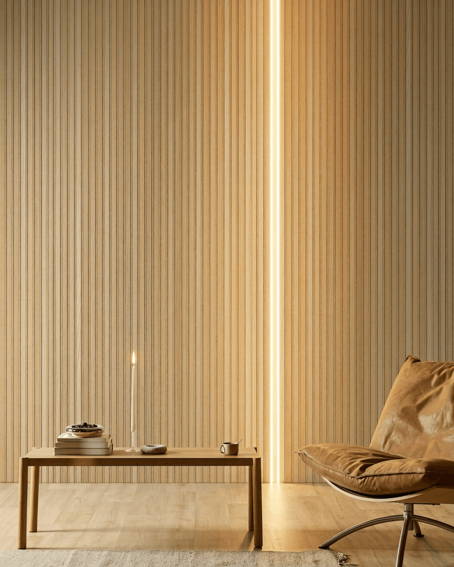 Minimalistisch eingerichteter Raum mit einer Akupanel-Akustiklamellenwand von WoodUpp, einem Lumi-LED-Lichtband, einem niedrigen Holztisch mit Kerze, Büchern, einer Tasse und einem braunen Ledersessel.